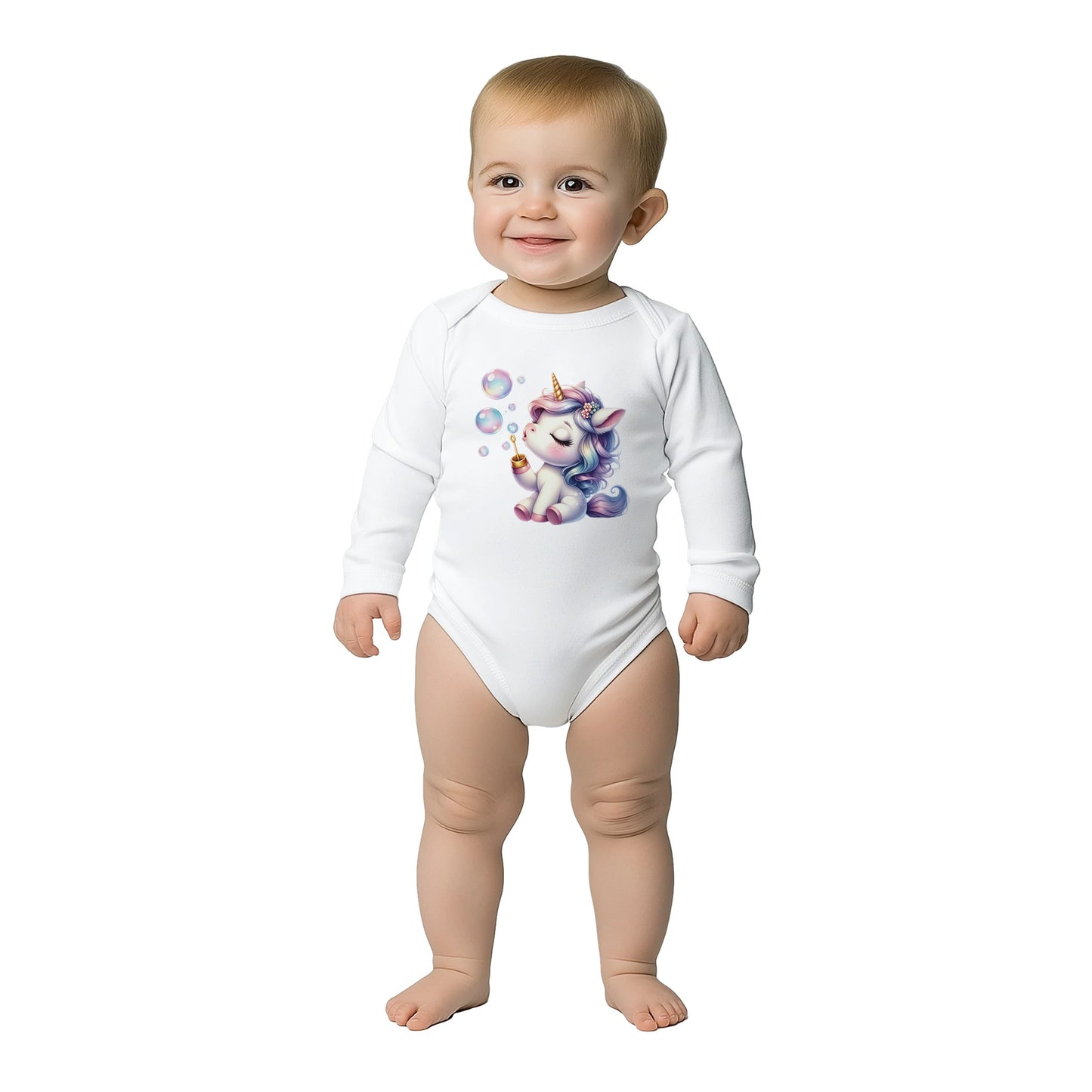 Unisex Baby Langarm Body mit Aufdruck - Einhorn Mädchen mit Seifenblasen - 100% Baumwolle - Größe bis 18 Monate bzw. 86 - Strampler Body mit Aufdruck -