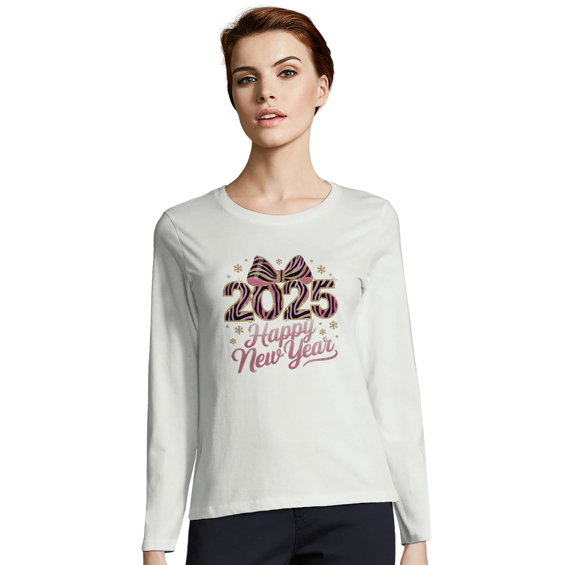 Tailliertes Damen Langarm T-Shirt mit Spruch für Jahreswechsel bzw. Silvester Print - 2025 Happy New Year mit Masche - mehrere Farben und große Größen -