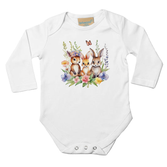 Unisex Baby Langarm Body mit Aufdruck - Hasen mit Blumen - 100% Baumwolle - Größe bis 18 Monate bzw. 86 - Strampler Body mit Aufdruck -