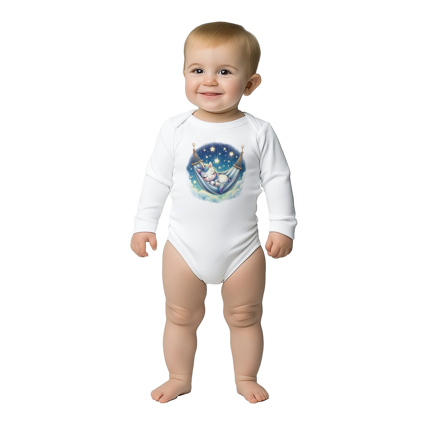 Unisex Baby Langarm Body mit Aufdruck - Mädchen Einhorn mit Sterne - 100% Baumwolle - Größe bis 18 Monate bzw. 86 - Strampler Body mit Aufdruck -