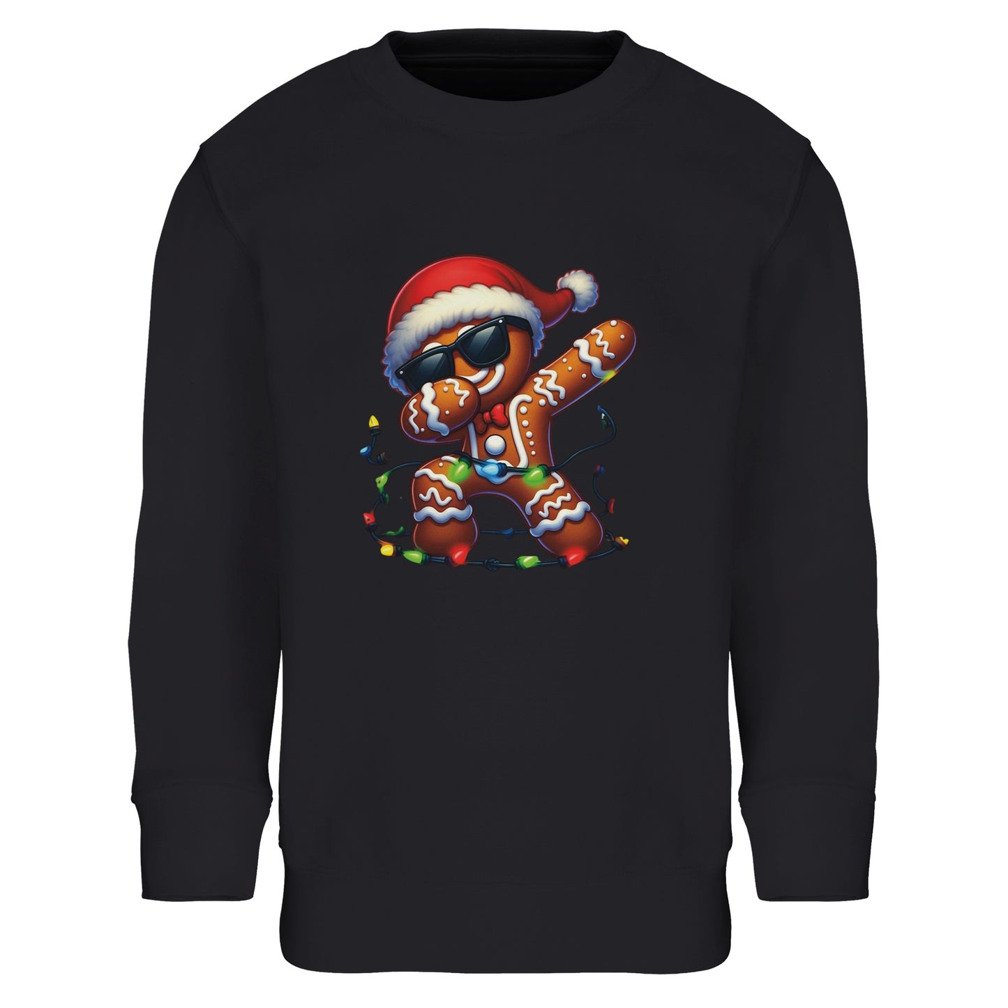 Unisex Kinder Sweatshirt mit tanzendem Keks mit Weihnachtsmütze - Aufdruck für Weihnachten und Winter - 4 bis 14 Jahre - viele verschiedene Farben - Schwarz