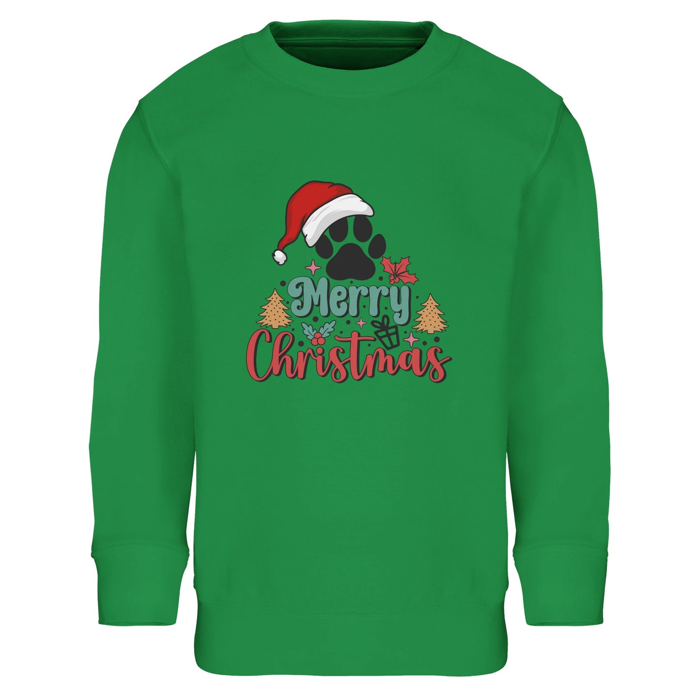 Unisex Kinder Sweatshirt mit Hundepfote und Merry Christmas - hübscher Print für Weihnachten und Winter - 4 bis 14 Jahre – in vielen Farben und Größen - gebürstet - Kelly Green