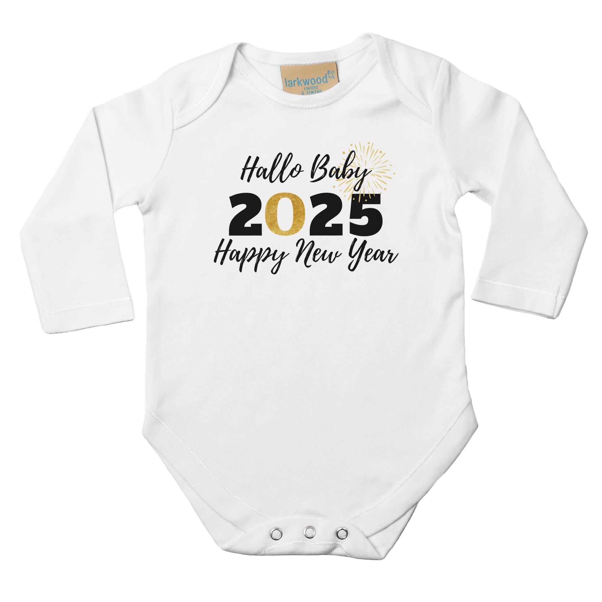 Unisex Baby Langarm Body mit Aufdruck - Hallo Baby 2025 Happy New Year - schwarz gold weiß - 100% Baumwolle - Größe bis 18 Monate bzw. 86 - Strampler Body mit Aufdruck -