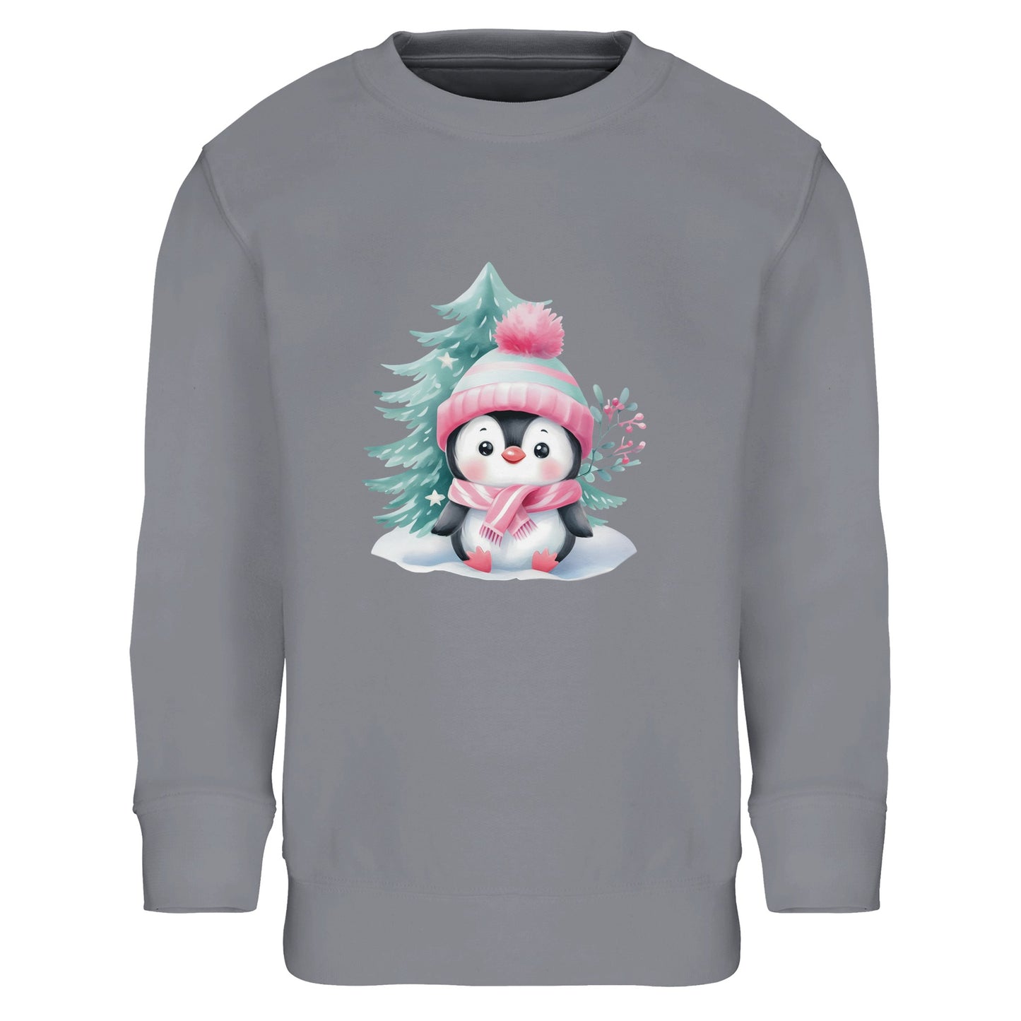 Kinder Sweatshirt mit Pinguin im Schnee - hübscher Mädchen Print für Weihnachten und Winter - 4 bis 14 Jahre – in vielen Farben und Größen - Grey Melange