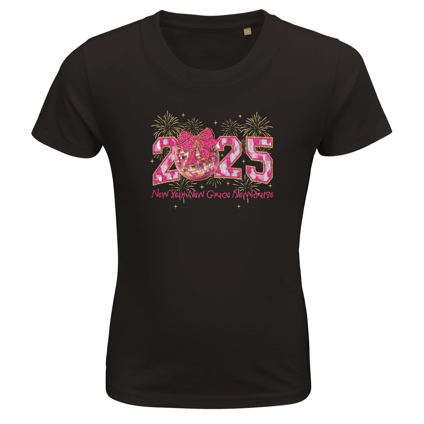 Kinder BIO Kurzarm Rundhals-T-Shirt mit Print für den Jahreswechsel bzw. Silvester - 2025 mit Kugel Masche und Feuerwerk - pink gold - körperbetonter Schnitt - Größe 86 bis 152 und mehrere Farben - Deep Black