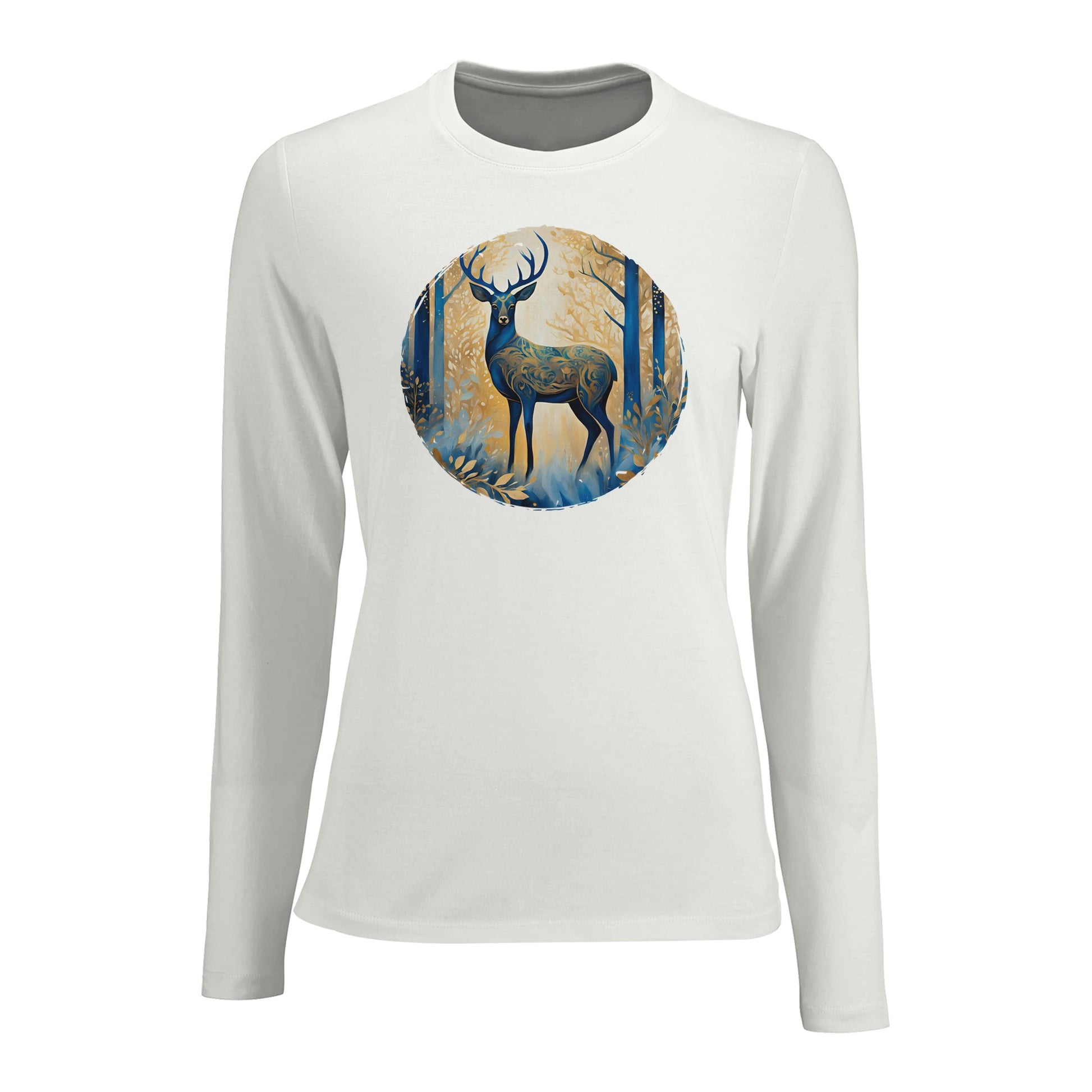 Tailliertes Damen Langarm-T-Shirt mit Hirsch als elegantem Aufdruck - blau weiß gold - Weiß