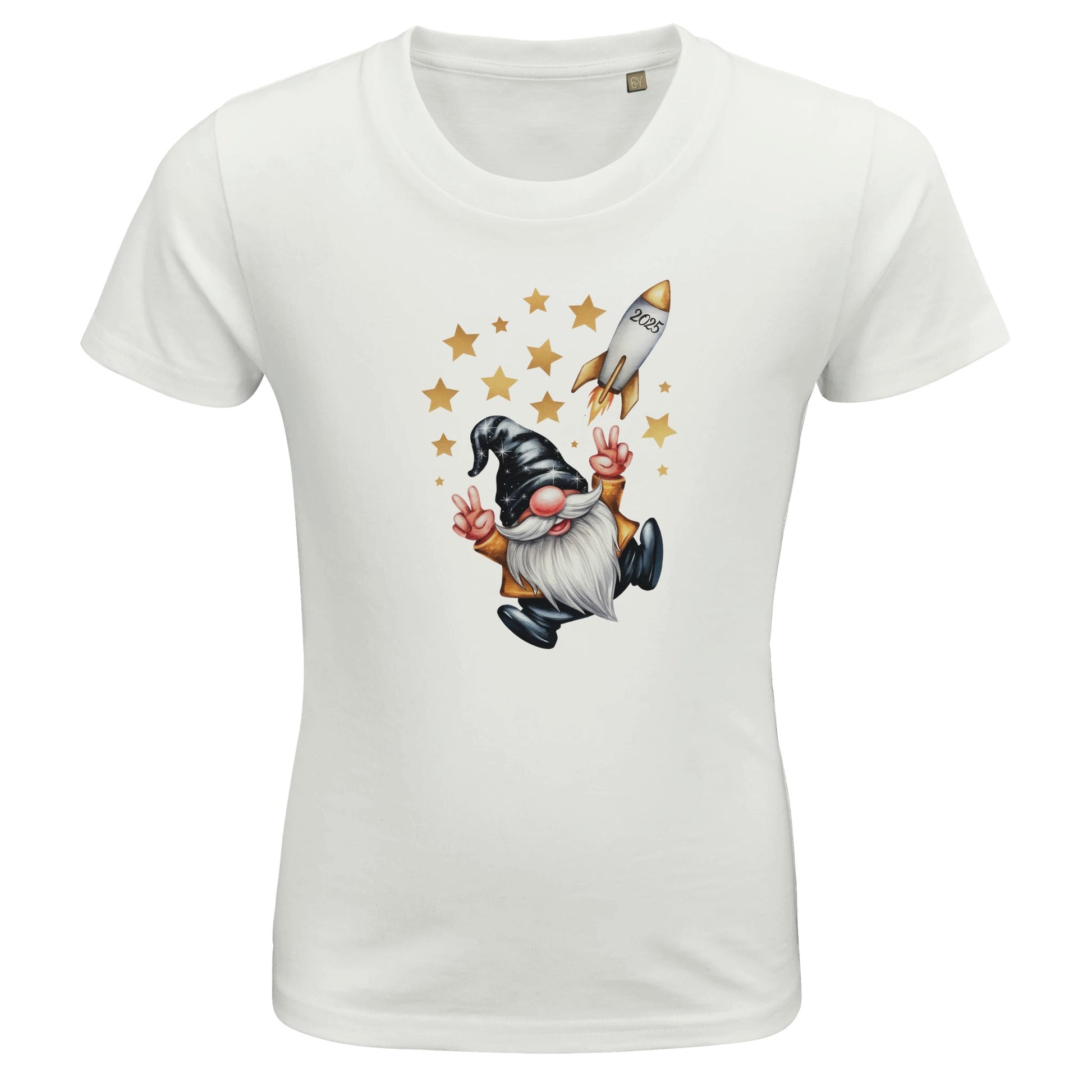 Kinder BIO Kurzarm Rundhals-T-Shirt mit Print für den Jahreswechsel bzw. Silvester - cooler Wichtel mit Rakete - körperbetonter Schnitt - Größe 86 bis 152 und mehrere Farben - White