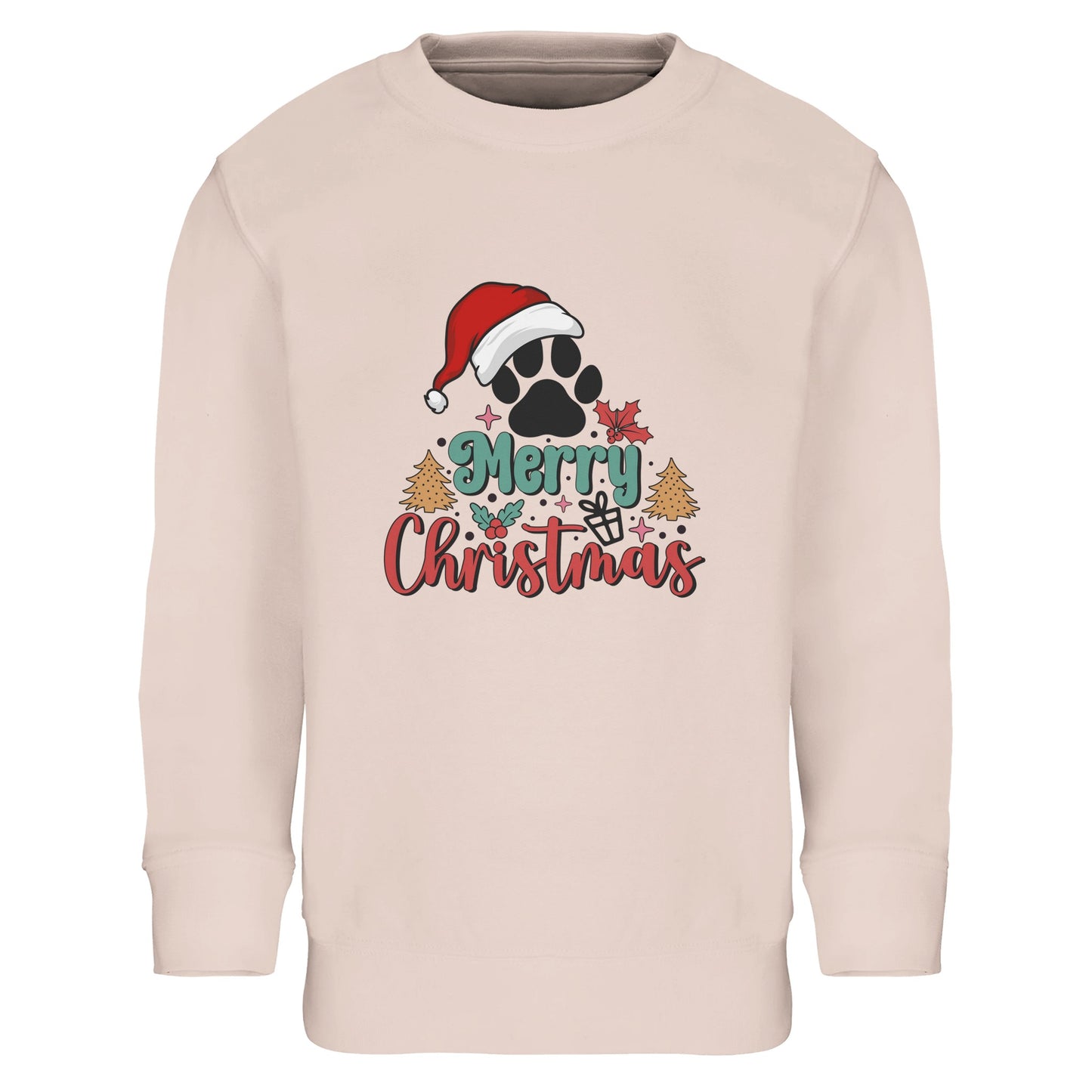 Unisex Kinder Sweatshirt mit Hundepfote und Merry Christmas - hübscher Print für Weihnachten und Winter - 4 bis 14 Jahre – in vielen Farben und Größen - gebürstet - creamy pink