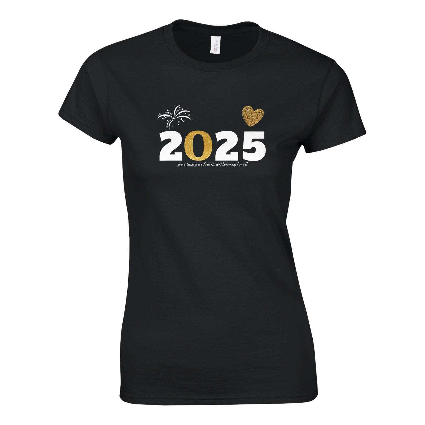 Tailliertes Damen Kurzarm T-Shirt mit Print für den Jahreswechsel – 2025 with great friends in gold weiß auf schwarz - in großen Größen -