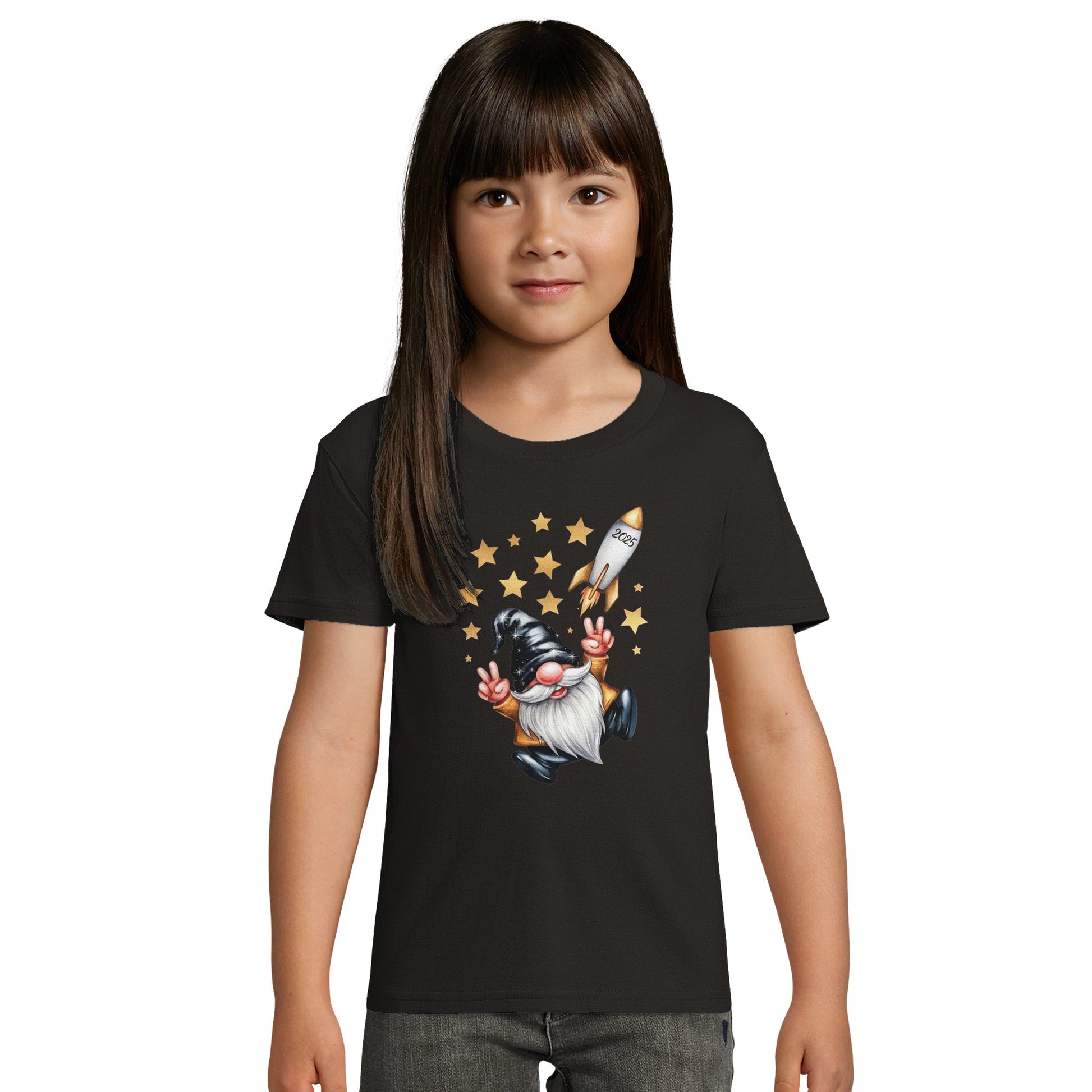 Kinder BIO Kurzarm Rundhals-T-Shirt mit Print für den Jahreswechsel bzw. Silvester - cooler Wichtel mit Rakete - körperbetonter Schnitt - Größe 86 bis 152 und mehrere Farben -