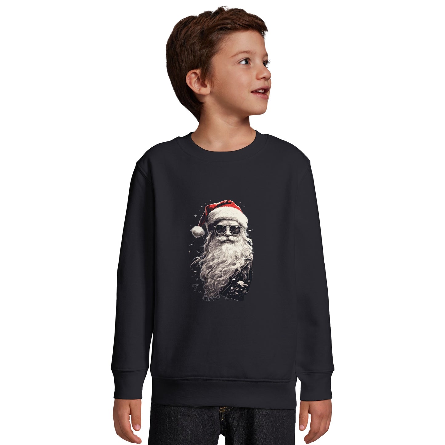 Unisex Kinder Sweatshirt mit Weihnachtsmann in schwarz weiß und roter Mütze - Portrait Print für Weihnachten und Winter – gebürsteter Sweater - 4 bis 14 Jahre -