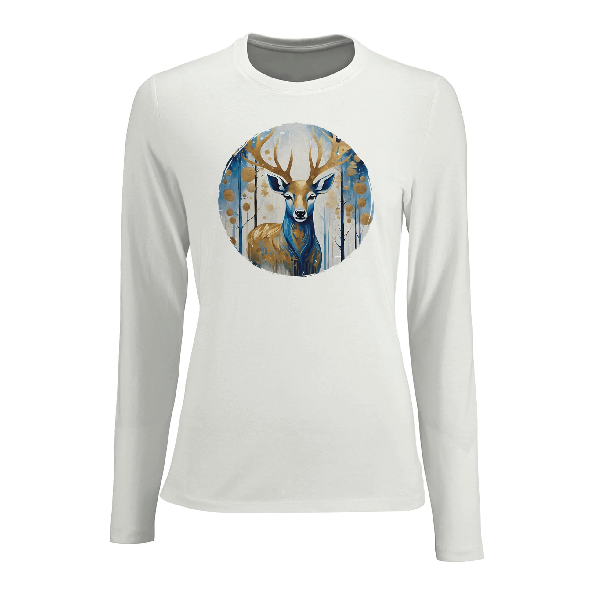 Tailliertes Damen Langarm-T-Shirt mit Hirsch als elegantem Aufdruck - blau weiß gold - Weiß