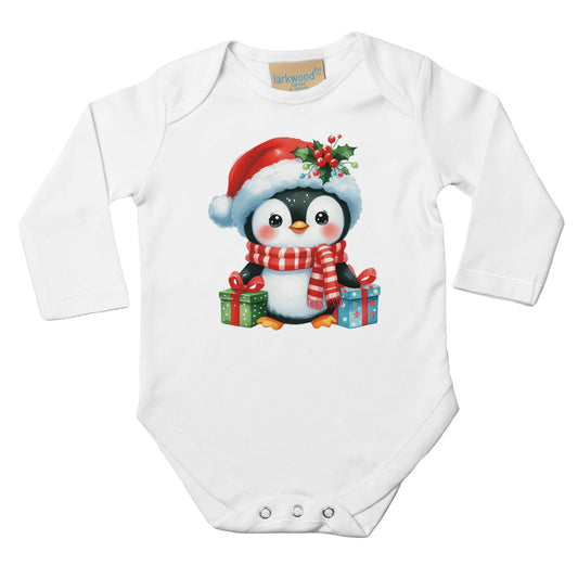 Unisex Baby Langarm Body für Weihnachten mit Aufdruck mit Pinguin und Geschenke - 100% Baumwolle - Größe bis 18 Monate bzw. 86 - Strampler Body mit Muster -