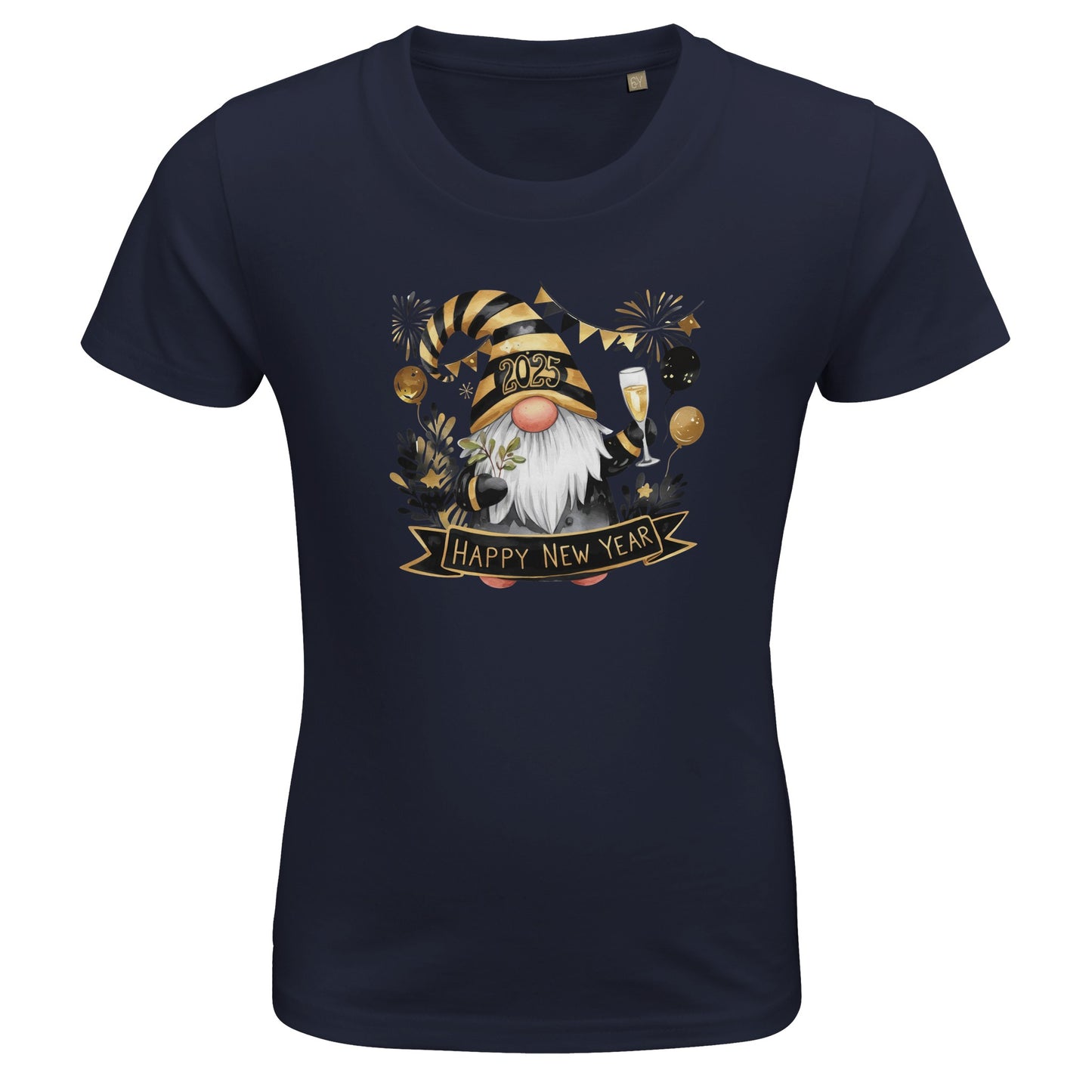 Kinder BIO Kurzarm Rundhals-T-Shirt mit Print für den Jahreswechsel bzw. Silvester - Wichtel mit Happy New Year - körperbetonter Schnitt - Größe 86 bis 152 und mehrere Farben - French Navy