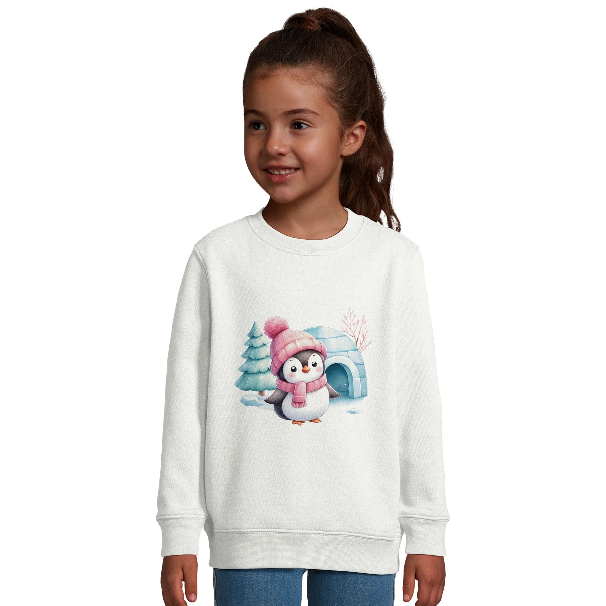 Kinder Sweatshirt mit Pinguin vor Iglu - hübscher Mädchen Print für Weihnachten und Winter - 4 bis 14 Jahre – in vielen Farben und Größen -