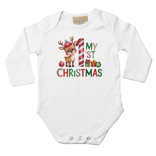 Unisex Baby Langarm Body für Weihnachten mit Aufdruck - My First Christmas mit Rentier - 100% Baumwolle - Größe bis 18 Monate bzw. 86 - Strampler Body mit Muster -