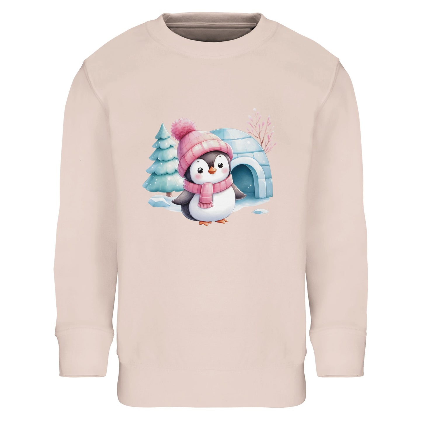 Kinder Sweatshirt mit Pinguin vor Iglu - hübscher Mädchen Print für Weihnachten und Winter - 4 bis 14 Jahre – in vielen Farben und Größen - creamy pink