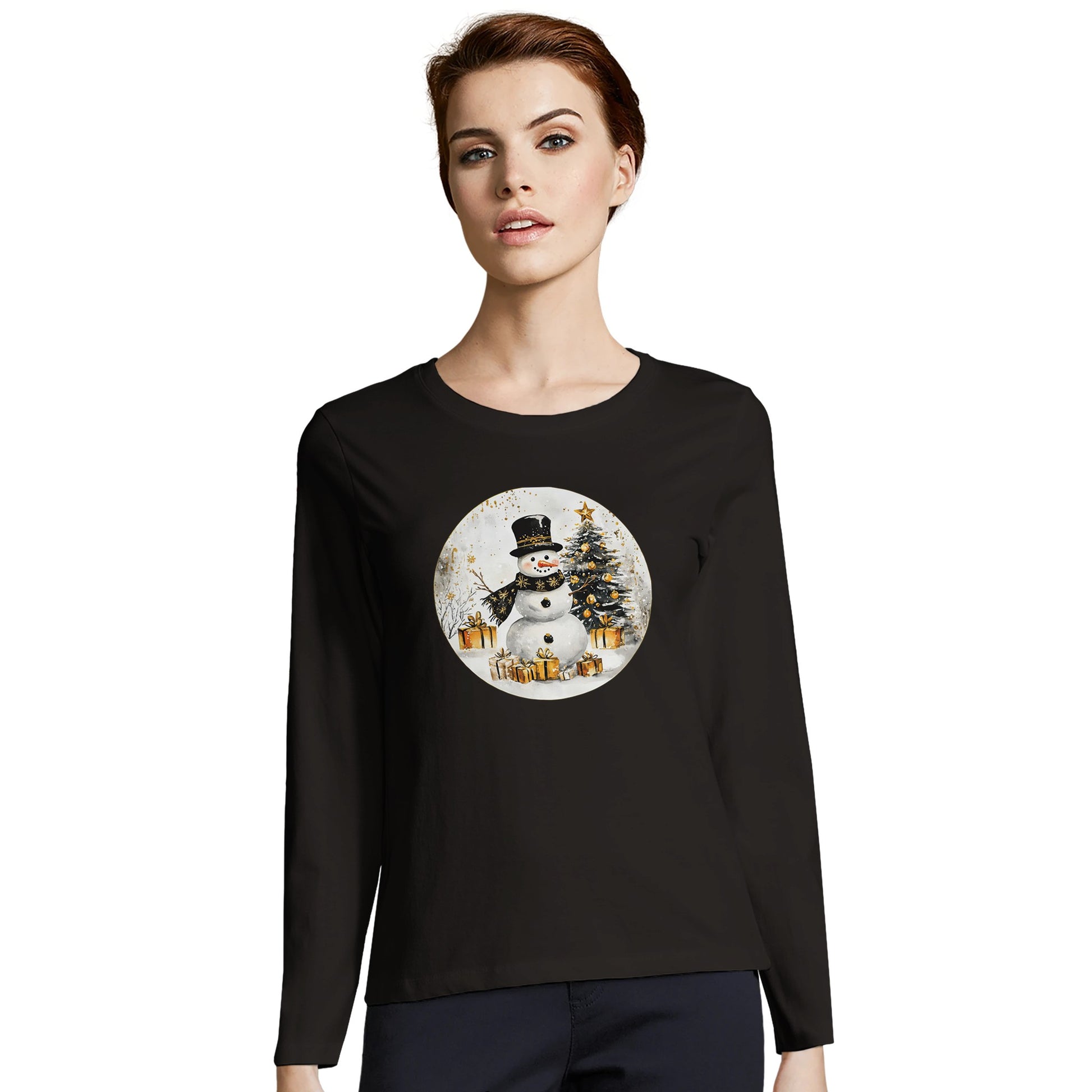 Tailliertes Damen Langarm-T-Shirt mit Schneemann, Christbaum und Geschenke - schwarz weiß gold -