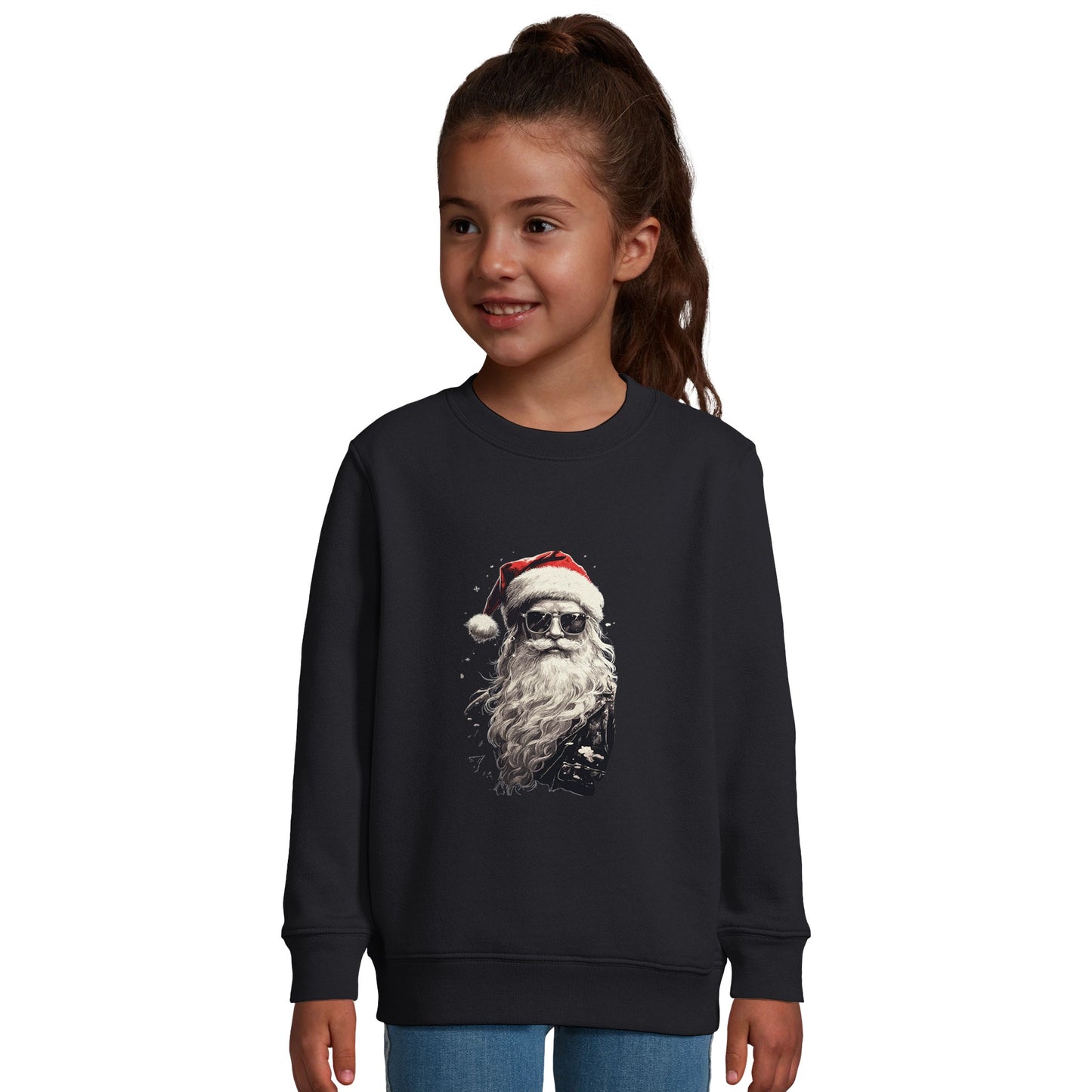 Unisex Kinder Sweatshirt mit Weihnachtsmann in schwarz weiß und roter Mütze - Portrait Print für Weihnachten und Winter – gebürsteter Sweater - 4 bis 14 Jahre -