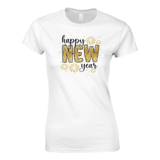 Tailliertes Damen Kurzarm T-Shirt mit Print für den Jahreswechsel – Happy New Year 2025 – gold schwarz weiß - auch in großen Größen -