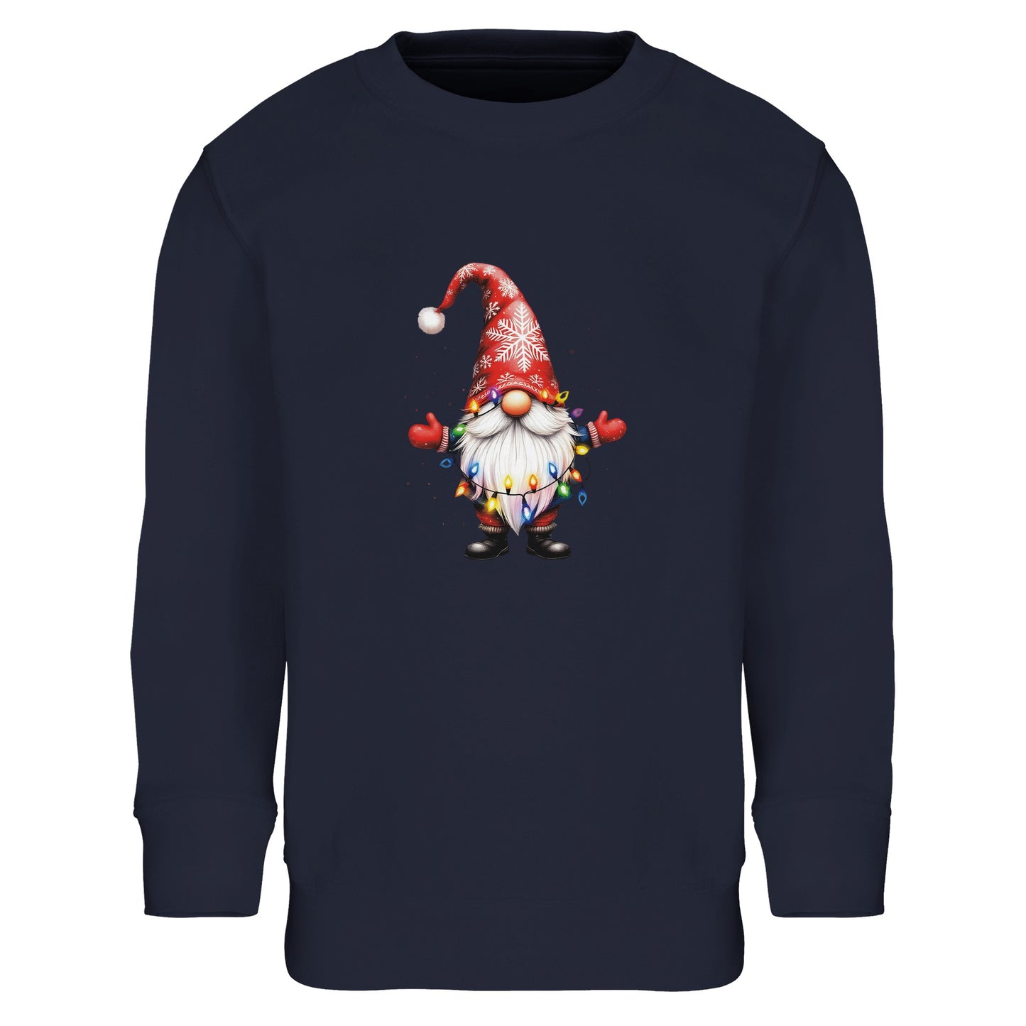 Unisex Kinder Sweatshirt mit süßem Gnom mit Lichterkette - Print für Weihnachten und Winter - 4 bis 14 Jahre - viele verschiedene Farben - French Navy