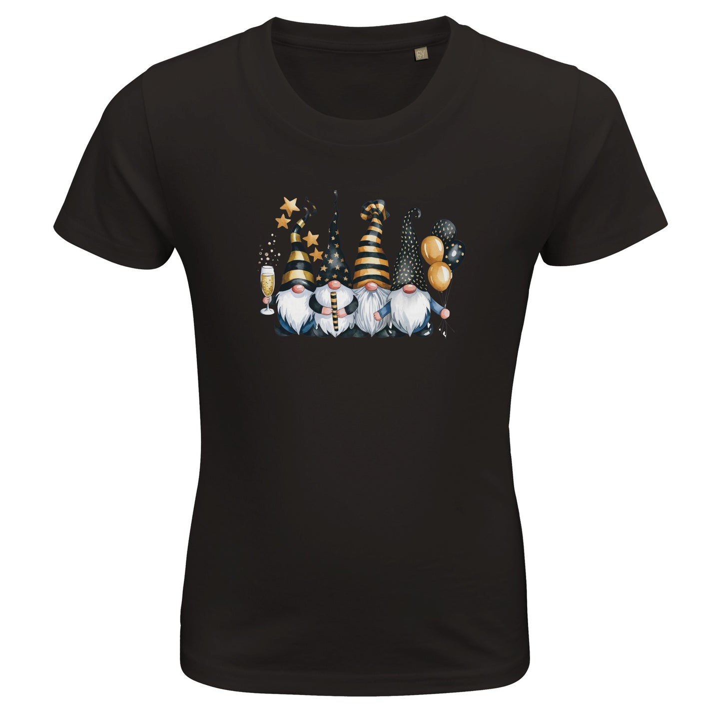 Kinder BIO Kurzarm Rundhals-T-Shirt mit Print für den Jahreswechsel bzw. Silvester - süße Wichtel feiern - körperbetonter Schnitt - Größe 86 bis 152 und mehrere Farben - Deep Black