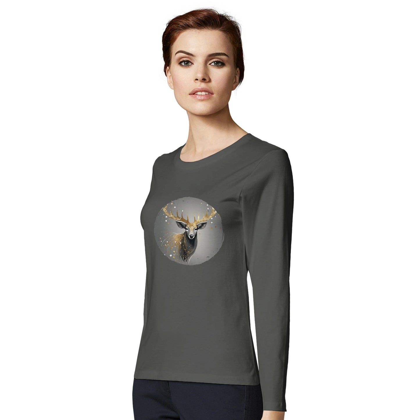 Tailliertes Damen Langarm-T-Shirt mit Hirsch als elegantem Aufdruck - grau weiß gold -