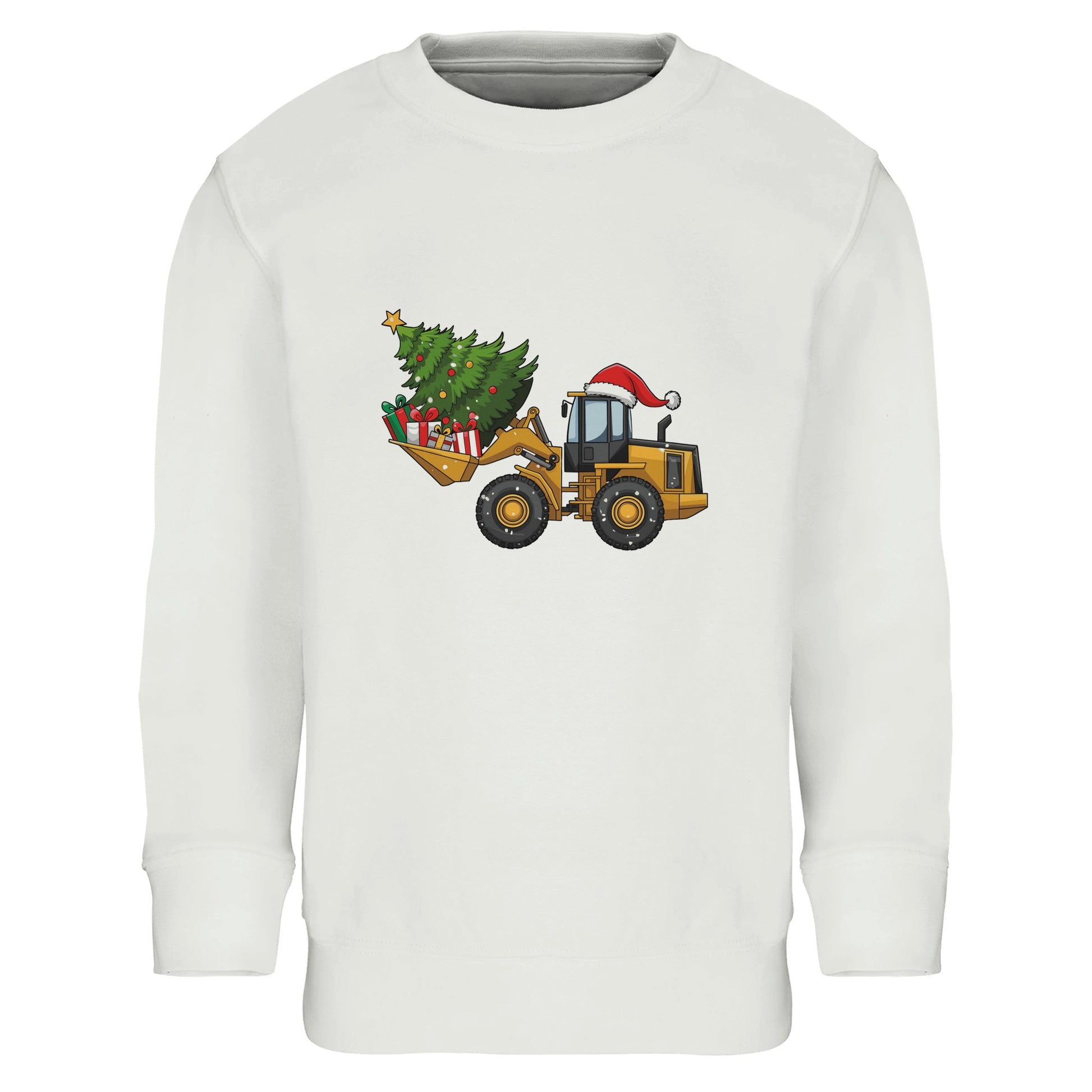 Kinder Sweatshirt mit Bagger, Christbaum und Geschenke - Jungen Aufdruck für Weihnachten und Winter - 4 bis 14 Jahre - viele verschiedene Farben - Weiß