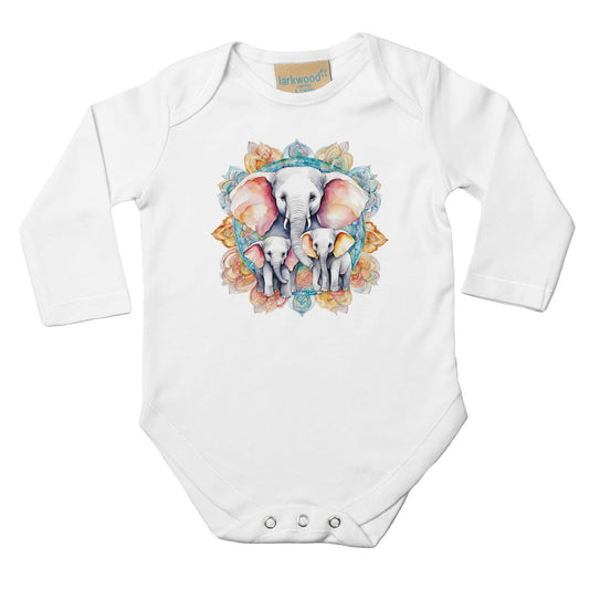 Unisex Baby Langarm Body mit Aufdruck - Mandala mit Elefanten Mama und Babys - 100% Baumwolle - Größe bis 18 Monate bzw. 86 - Strampler Body mit Aufdruck -