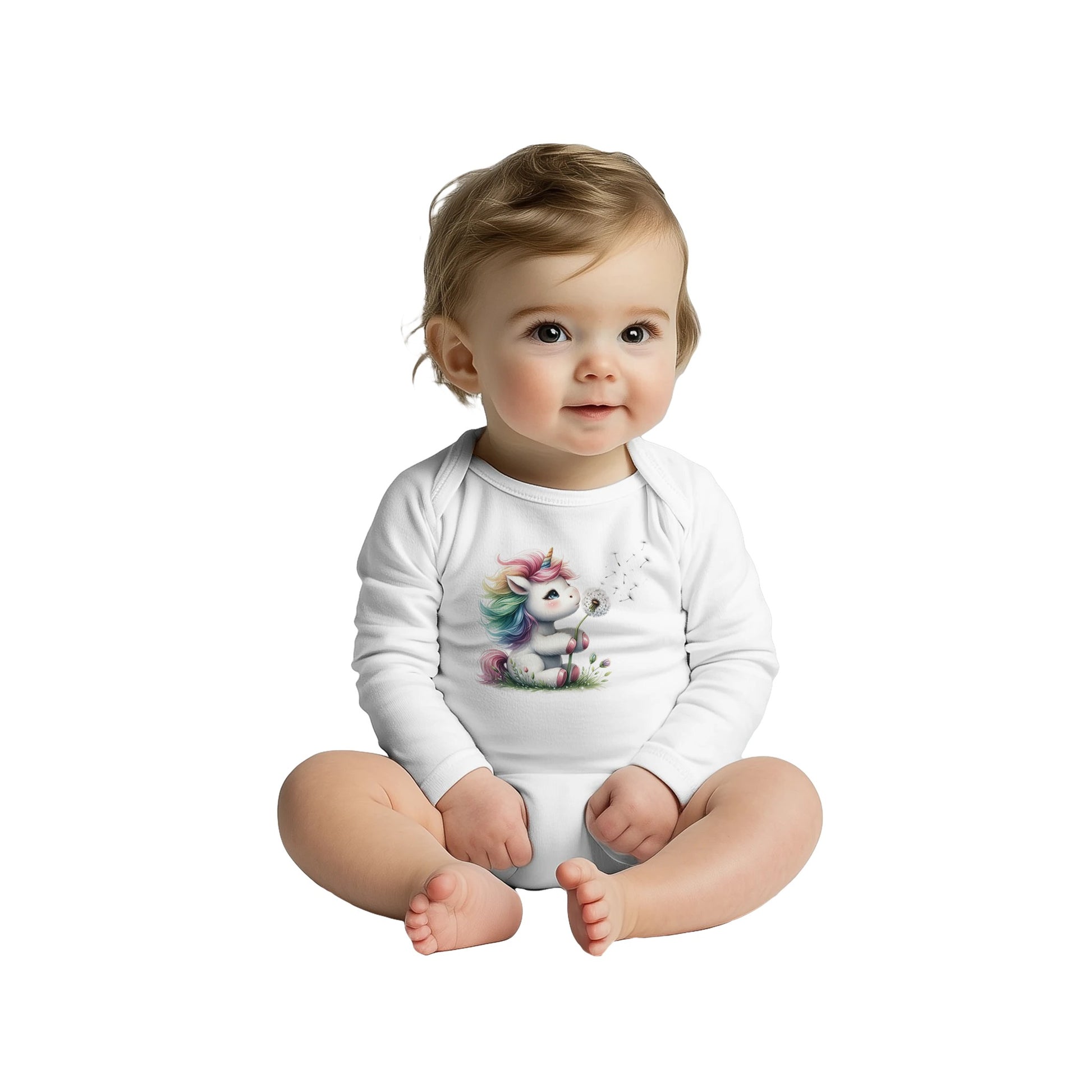 Unisex Baby Langarm Body mit Aufdruck - Einhorn Mädchen mit Pusteblume - 100% Baumwolle - Größe bis 18 Monate bzw. 86 - Strampler Body mit Aufdruck -