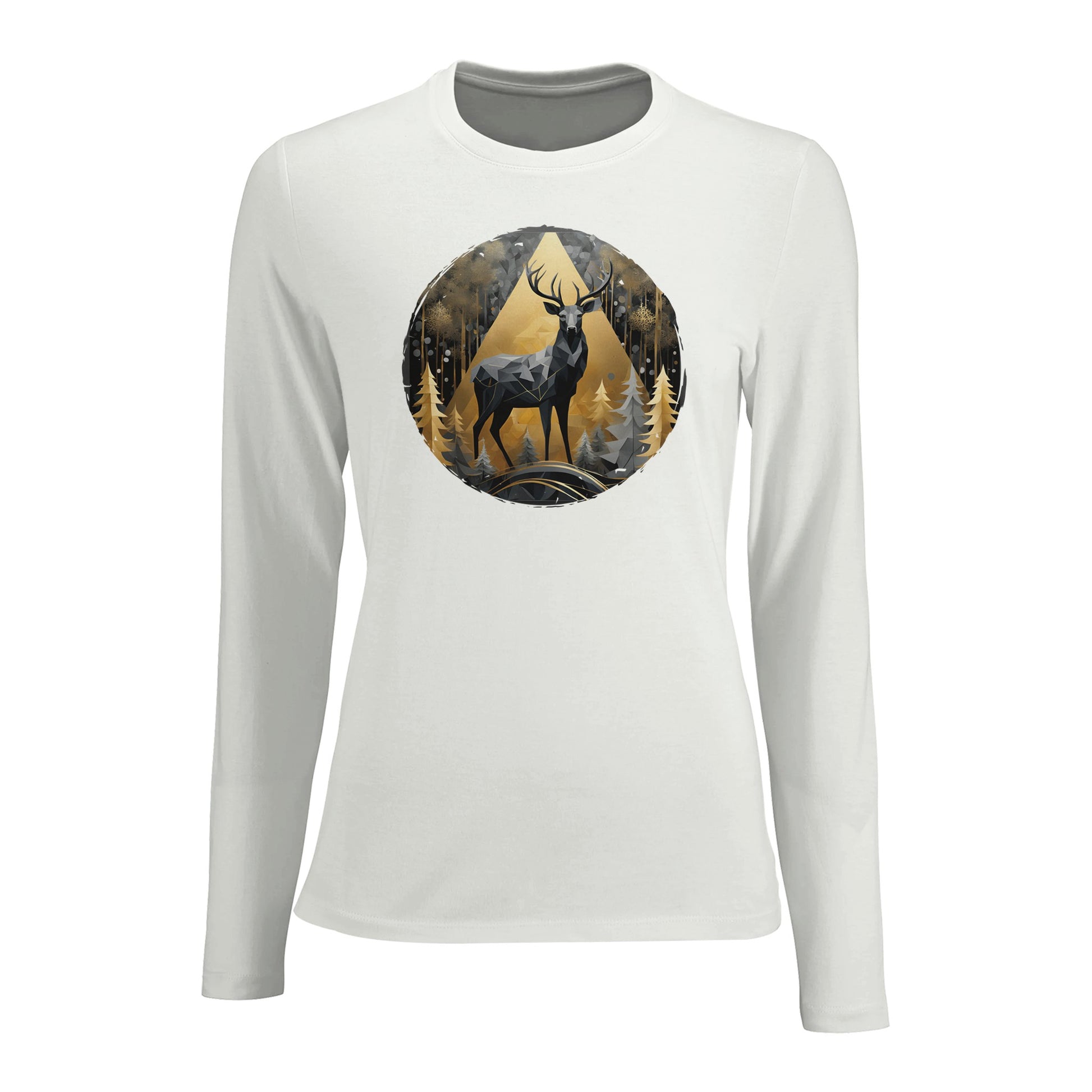 Tailliertes Damen Langarm-T-Shirt mit Hirsch als elegantem Aufdruck - schwarz grau weiß gold - Weiß