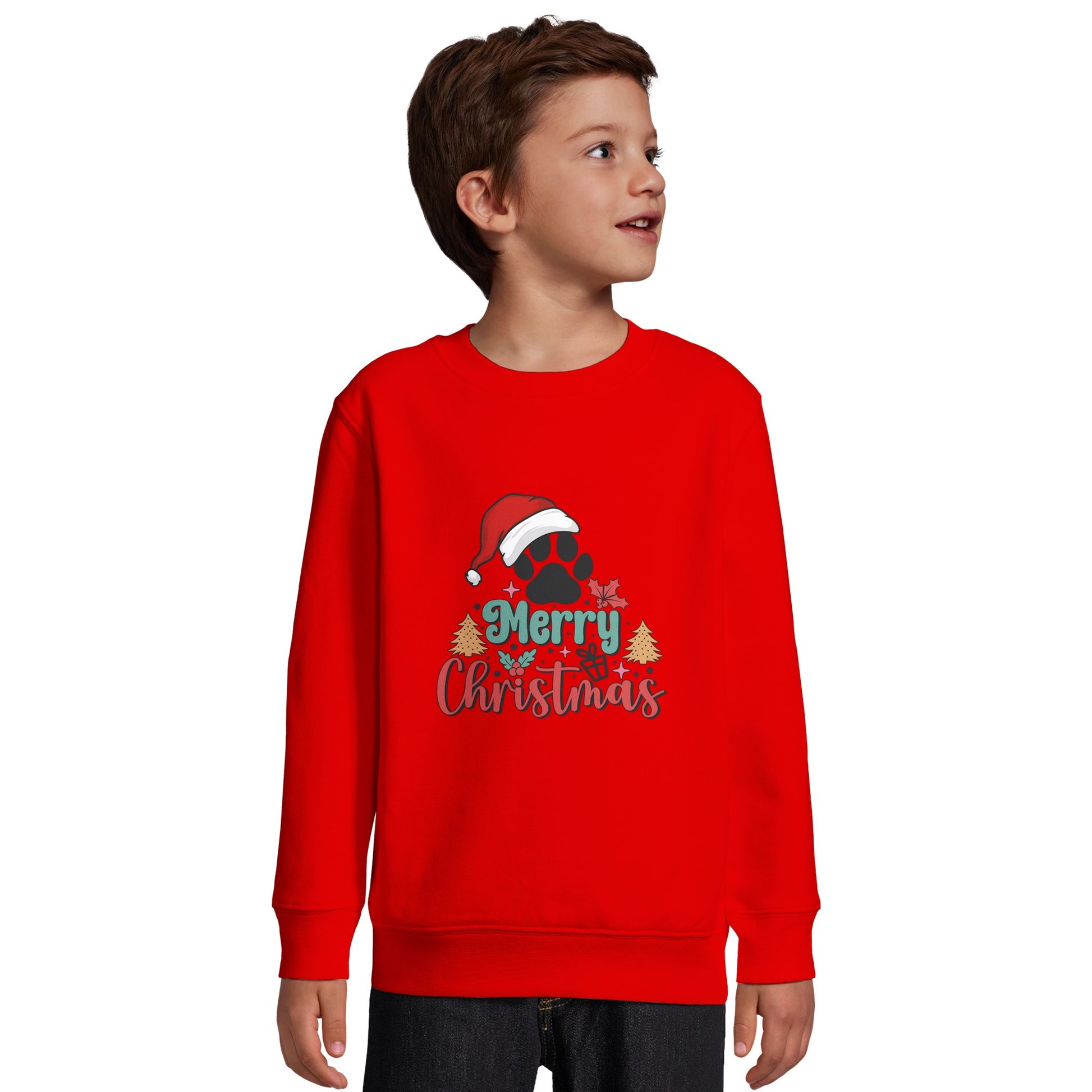 Unisex Kinder Sweatshirt mit Hundepfote und Merry Christmas - hübscher Print für Weihnachten und Winter - 4 bis 14 Jahre – in vielen Farben und Größen - gebürstet -