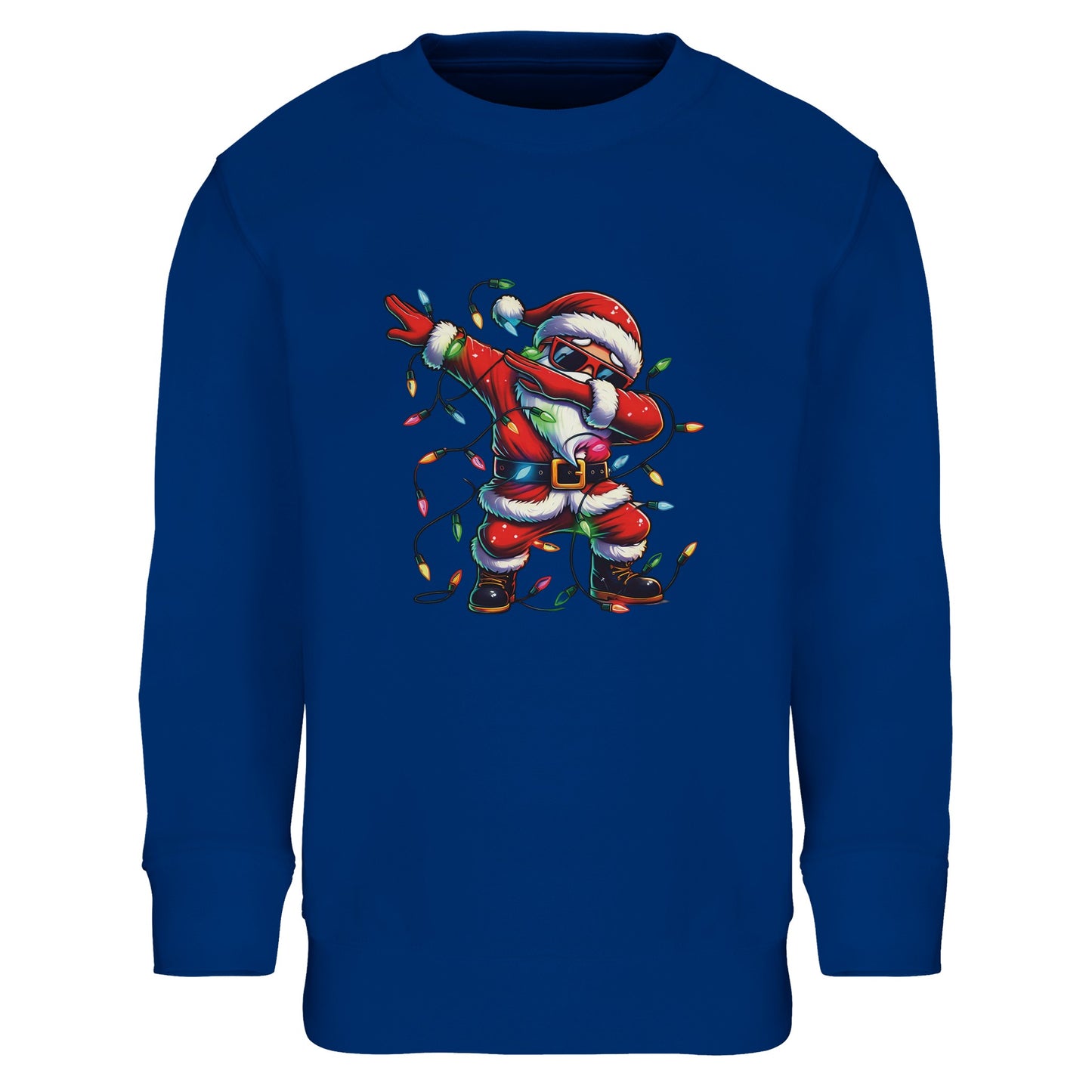 Unisex Kinder Sweatshirt mit tanzendem Weihnachtsmann mit Lichterkette - Aufdruck für Weihnachten und Winter - 4 bis 14 Jahre - viele verschiedene Farben - Royal Blue