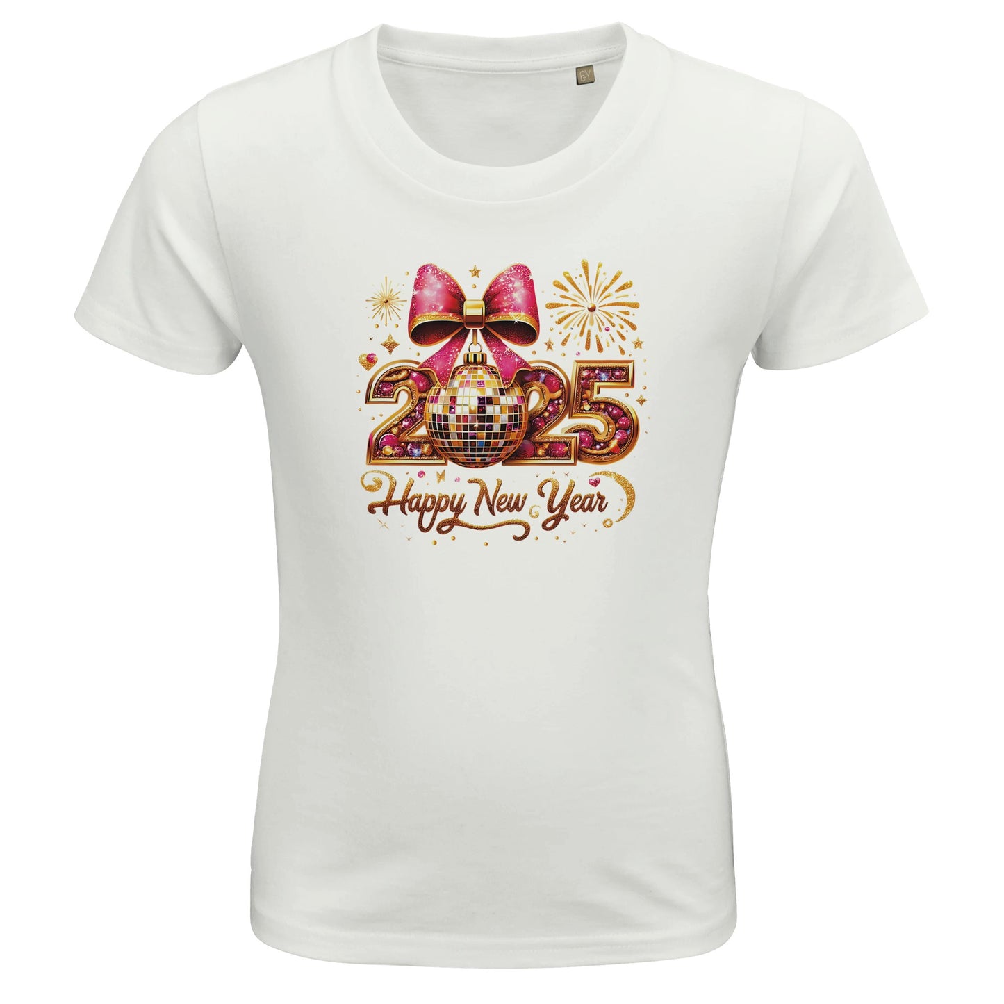 Kinder BIO Kurzarm Rundhals-T-Shirt mit Print für den Jahreswechsel bzw. Silvester - 2025 Happy New Year mit Rakete - schwarz gold pink - körperbetonter Schnitt - Größe 86 bis 152 und mehrere Farben - White