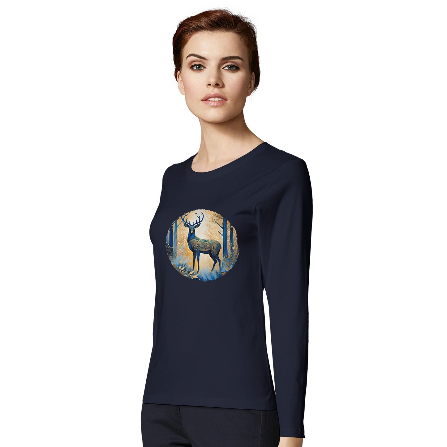 Tailliertes Damen Langarm-T-Shirt mit Hirsch als elegantem Aufdruck - blau weiß gold -