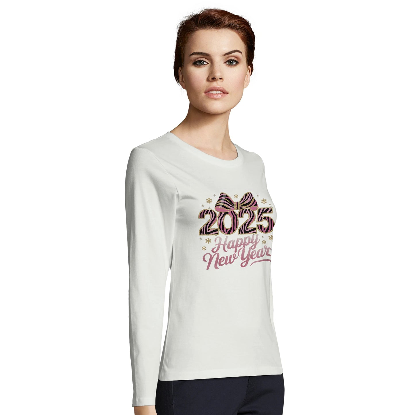 Tailliertes Damen Langarm T-Shirt mit Spruch für Jahreswechsel bzw. Silvester Print - 2025 Happy New Year mit Masche - mehrere Farben und große Größen -